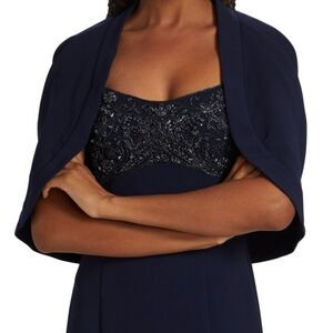 NWT, Theia Midnight Blue cape  long Gown, beaded bodice , attached cape, size 10